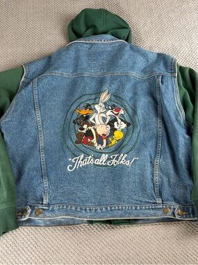 Vintage Warner Bros. Looney Tunes Denim Label with green hoodie Trim 90’s